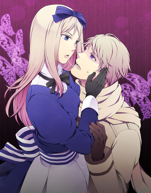 topon (dallar), belarus (hetalia), russia (hetalia), axis powers hetalia, striped, bad id, bad pixiv id, 00s, 1boy, 1girl, blonde hair, blue eyes, bug, butterfly, coat, couple, dress, eye contact, gloves, hair ribbon, hetero, incest, insect, kiss, long hair, looking at another, purple eyes, ribbon, saliva, saliva trail, scarf, short hair, siblings, trench coat