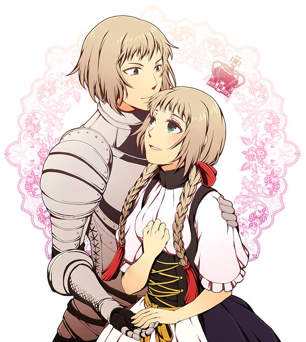 topon (dallar), liechtenstein (hetalia), switzerland (hetalia), axis powers hetalia, bad id, bad pixiv id, 00s, 1boy, 1girl, armor, blonde hair, blush, braid, couple, crown, dress, hair ribbon, hetero, holding hands, knight, ribbon, short hair, siblings, smile, twin braids