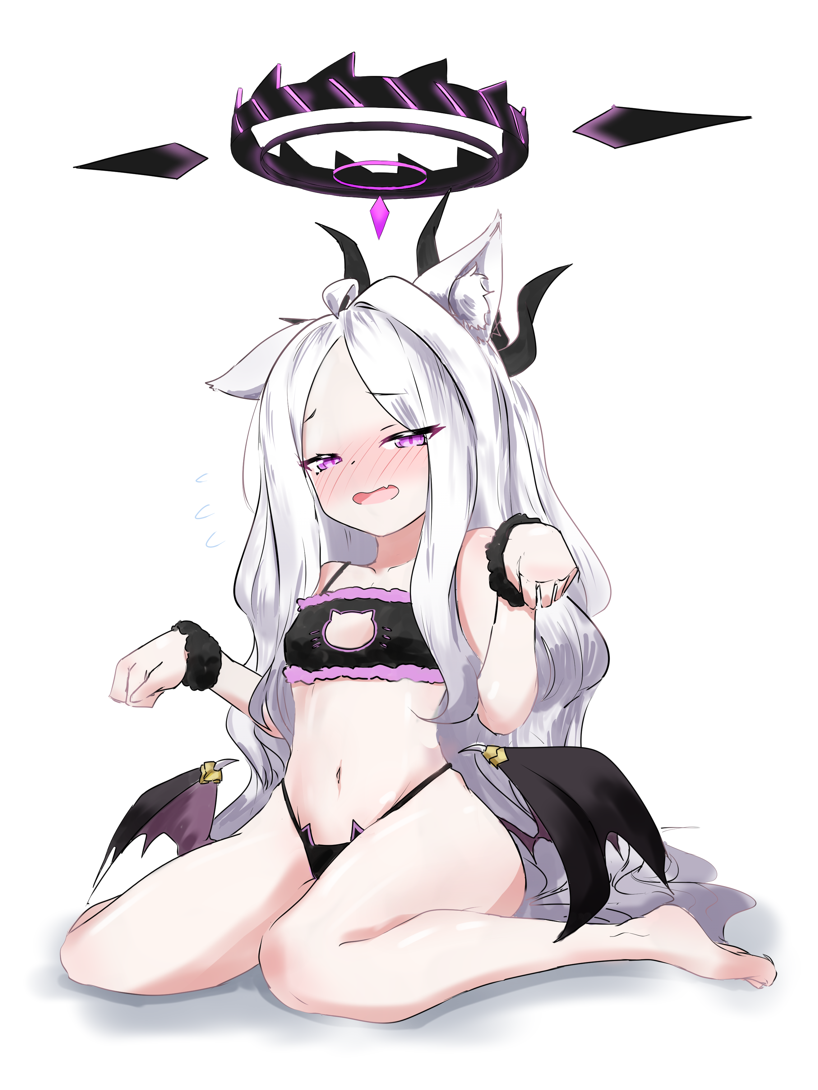 zenome leon, hina (blue archive), blue archive, absurdres, highres, 1girl, ahoge, barefoot, black halo, demon girl, demon horns, demon wings, halo, horns, long hair, looking at viewer, low wings, navel, prefect team (blue archive), purple eyes, simple background, sitting, solo, very long hair, white background, white hair, wings