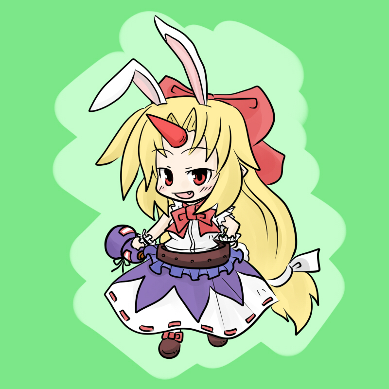 yanagi (nurikoboshi), hoshiguma yuugi, ibuki suika, reisen udongein inaba, touhou, 1girl, animal ears, blonde hair, bow, chibi, chimera, chimerism, fang, female focus, fusion, gourd, hair bow, horns, long hair, rabbit ears, red eyes, single horn, solo