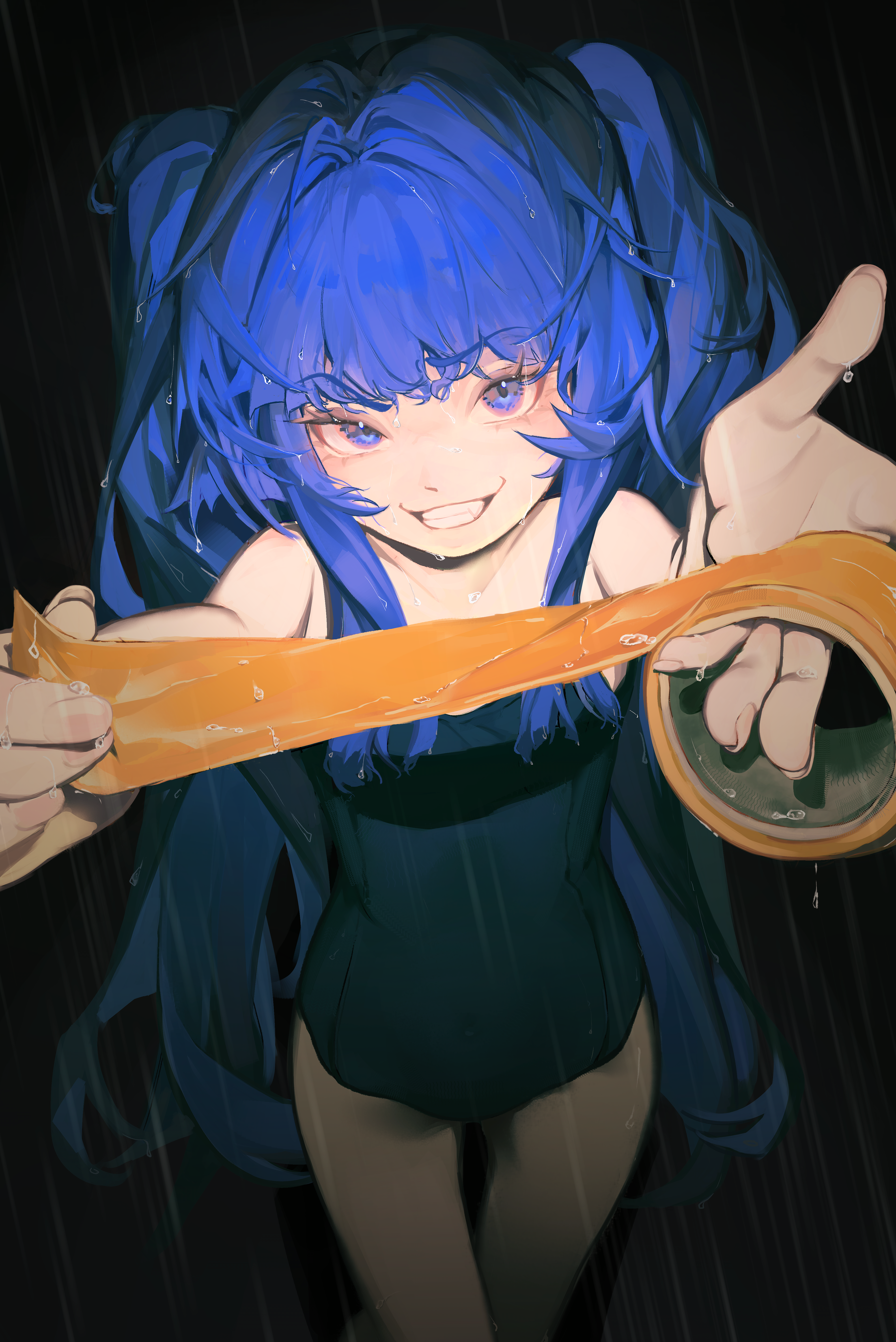 furudo erika, umineko no naku koro ni, absurdres, highres, 1girl, black background, black one-piece swimsuit, blue eyes, blue hair, cowboy shot, duct tape, evil grin, evil smile, grin, head tilt, looking at viewer, one-piece swimsuit, petite, rain, smile, solo, swimsuit, tape, twintails, wavy hair, xiaozi23330
