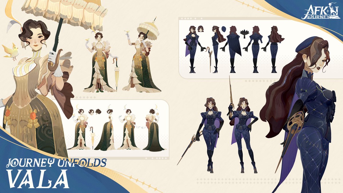 vala (afk), afk (series), afk journey, commentary, english commentary, official art, 2girls, aiming, aiming at viewer, beret, bird, bird on hand, blue cape, blue gloves, blue hat, blue pants, blue shirt, bodice, breasts, brown eyes, brown hair, cane gun, cape, character name, closed mouth, closed umbrella, copyright logo, copyright name, dress, dual persona, earrings, eyelashes, eyeshadow, frilled sleeves, frills, gloves, gun, hair bun, hair ornament, hand on own hip, hand up, hands up, hat, holding, holding gun, holding umbrella, holding weapon, jewelry, juliet sleeves, lips, logo, long hair, long sleeves, looking at viewer, looking to the side, makeup, medium breasts, multiple girls, multiple views, open clothes, open shirt, outstretched arm, pants, parasol, parted bangs, parted hair, parted lips, pearl earrings, profile, puffy sleeves, purple cape, reference sheet, shirt, short sleeves, single side bun, smile, standing, striped clothes, striped dress, tight clothes, tight pants, turtleneck, turtleneck dress, two-sided cape, two-sided fabric, umbrella, vertical-striped clothes, vertical-striped dress, very long hair, weapon, white gloves, wide sleeves, yellow background, yellow dress, yellow umbrella