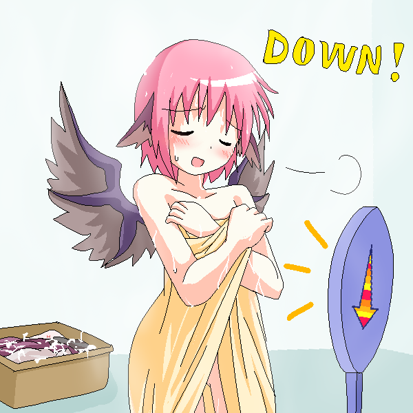 des (namaasi), mystia lorelei, touhou, 1girl, animal ears, closed eyes, female focus, naked towel, nude, oekaki, pink hair, short hair, sigh, solo, towel, weighing scale, wet, wings