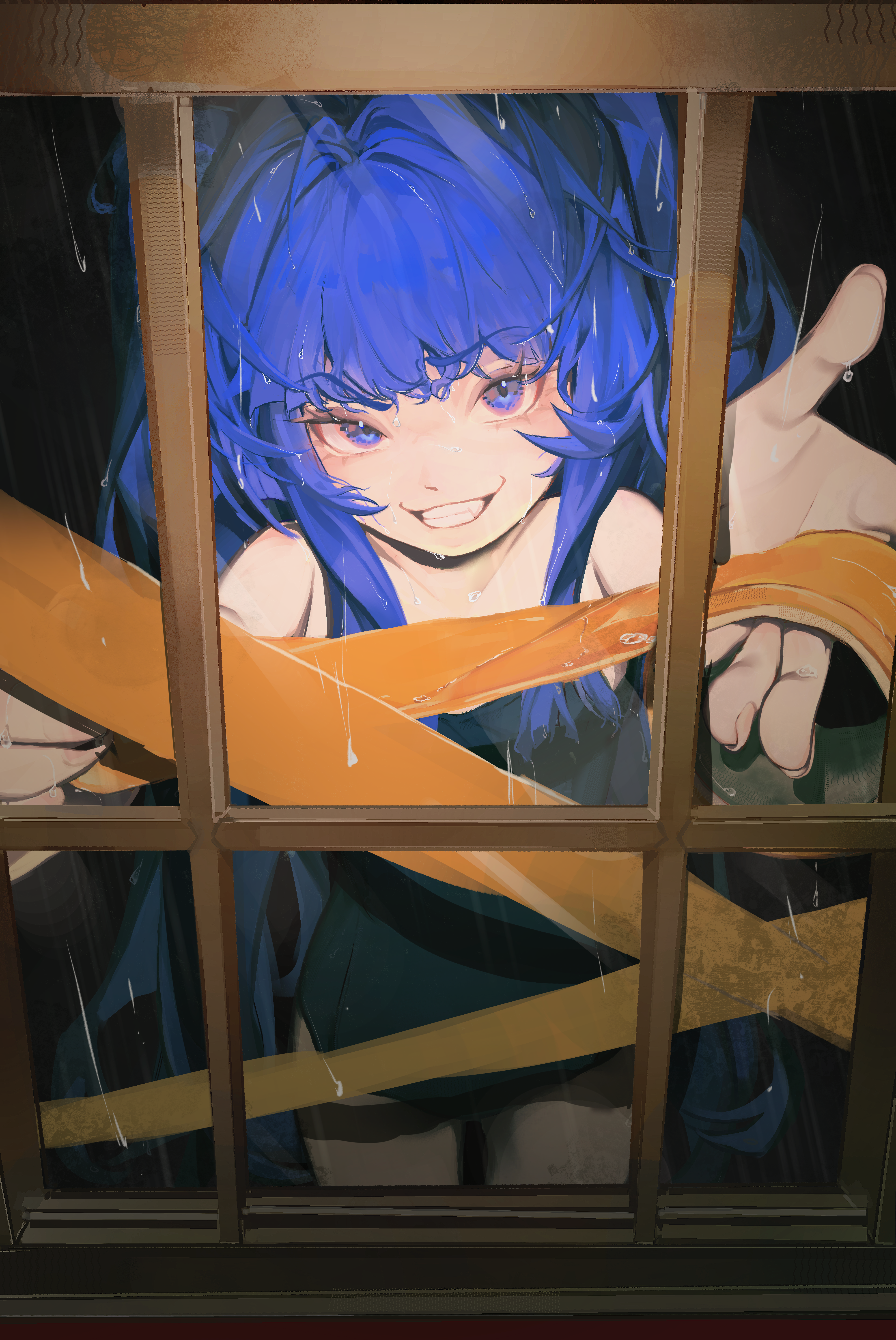 furudo erika, umineko no naku koro ni, absurdres, highres, 1girl, black background, black one-piece swimsuit, blue eyes, blue hair, cowboy shot, duct tape, evil grin, evil smile, grin, head tilt, looking at viewer, one-piece swimsuit, petite, rain, smile, solo, swimsuit, tape, through window, twintails, wavy hair, xiaozi23330