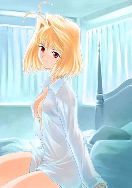 shirotsumekusa, arcueid brunestud, tsukihime, 00s, 1girl, bed, blonde hair, dress shirt, female focus, long sleeves, open clothes, open shirt, red eyes, see-through clothes, shirt, sleeves past wrists, solo