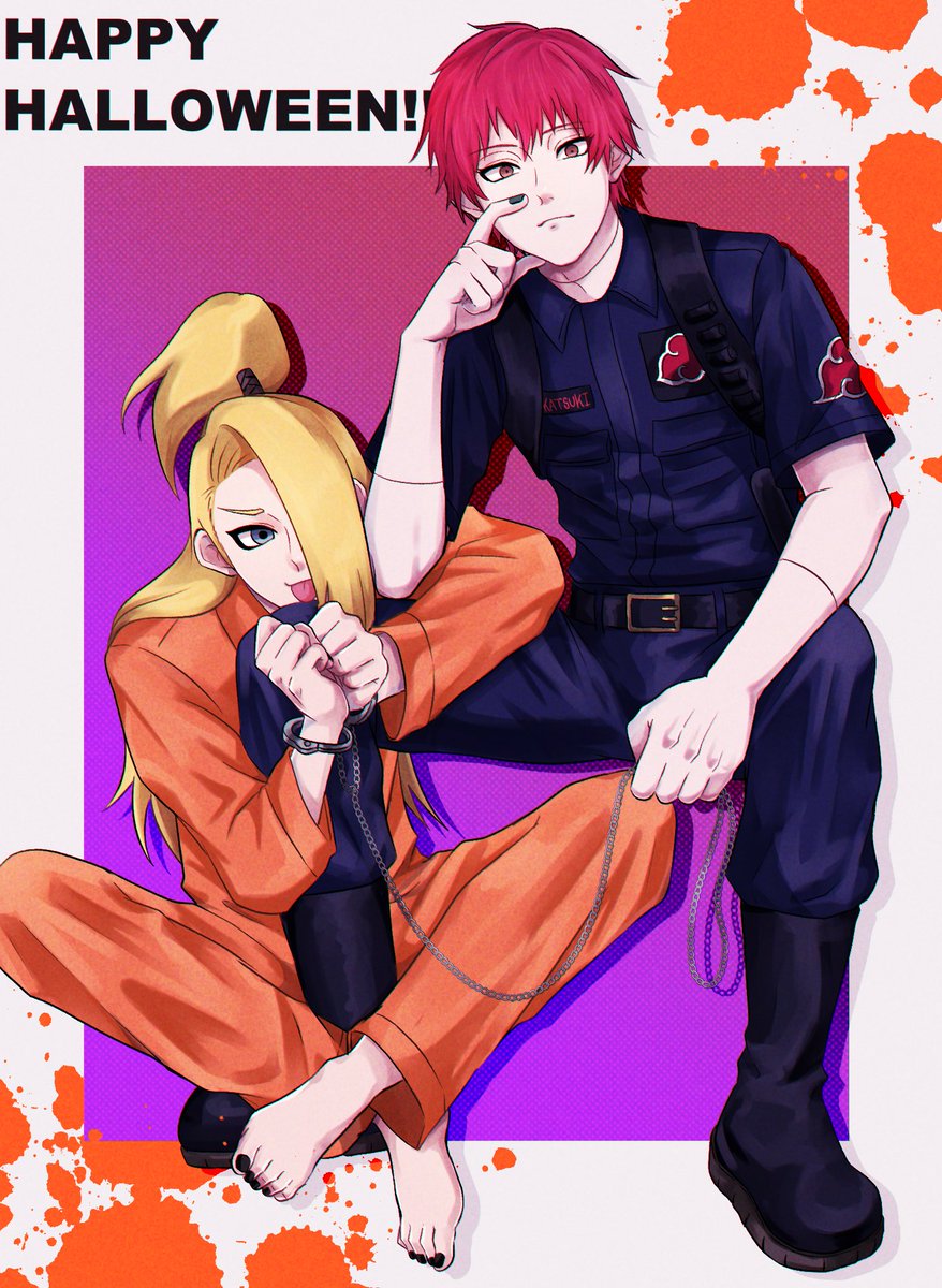 deidara (naruto), sasori (naruto), naruto (series), naruto shippuuden, highres, 2boys, :p, alternate costume, asymmetrical bangs, belt, black nails, blonde hair, blue eyes, boots, chain, chain leash, cuffs, doll joints, english text, eyeliner, green nails, halloween costume, handcuffs, happy halloween, high ponytail, implied yaoi, joints, leash, long hair, makeup, male focus, multiple boys, ome meh, police, police uniform, ponytail, prison clothes, red eyes, red hair, short hair, simple background, sitting, smirk, splatter, tongue, tongue out