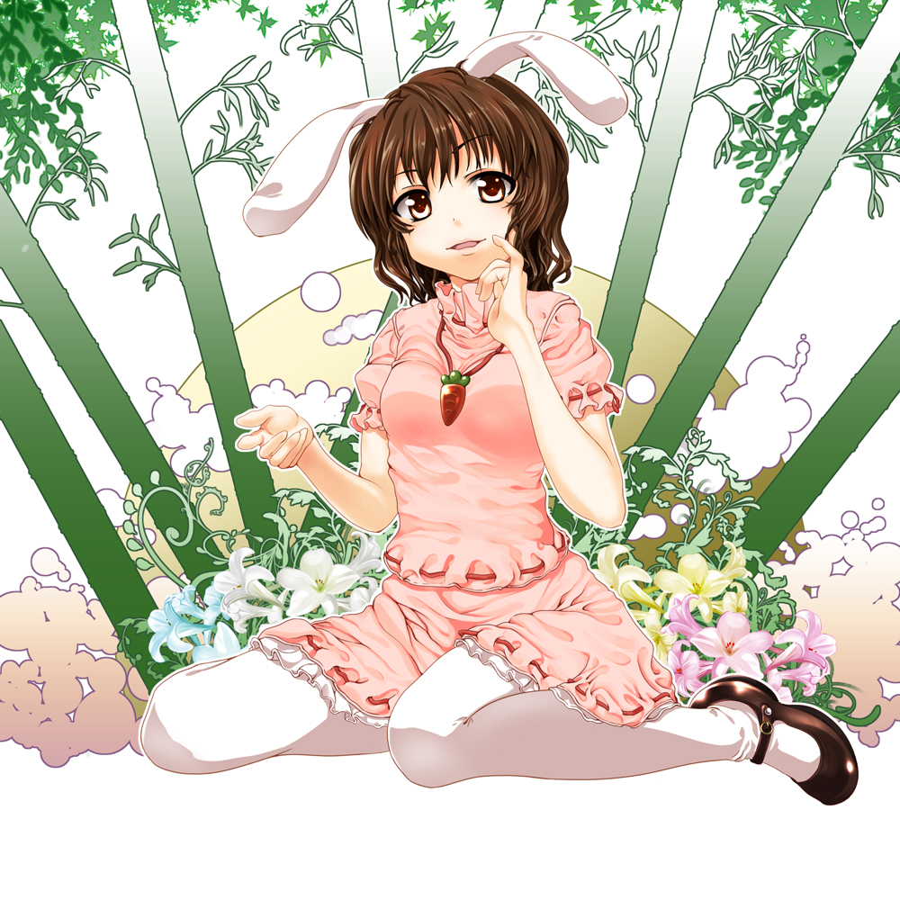 sakurai yuki (pixiv), inaba tewi, touhou, bad id, bad pixiv id, 1girl, animal ears, brown eyes, brown hair, carrot, female focus, flower, jewelry, mary janes, pantyhose, pendant, rabbit ears, shoes, short hair, solo, white pantyhose