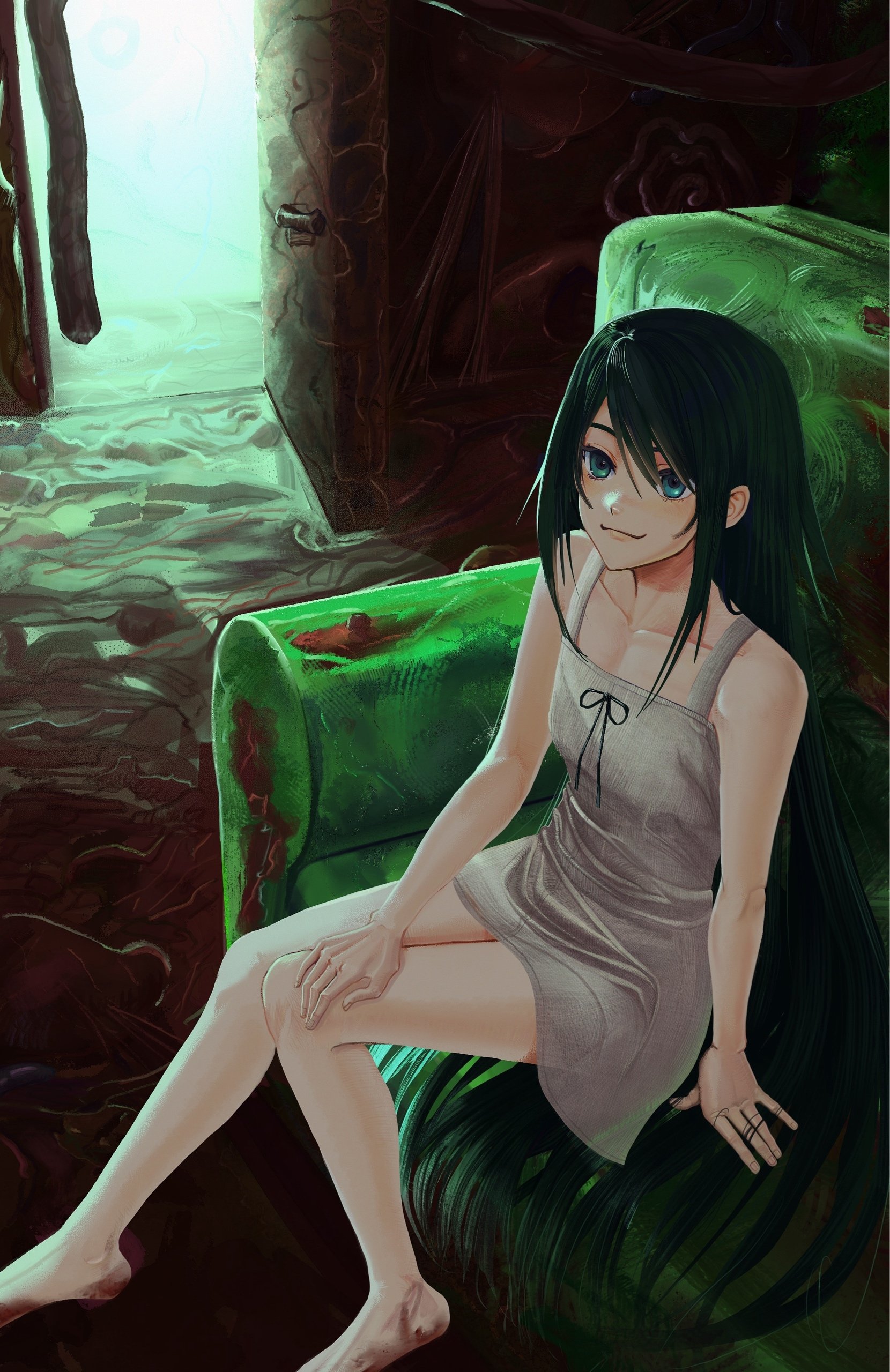 xhianxeh, saya (saya no uta), saya no uta, absurdres, highres, 1girl, bare shoulders, barefoot, blood, dress, flat chest, flesh, green eyes, green hair, hair flaps, intestines, long hair, messy room, organs, scenery, sleeveless, sleeveless dress, solo, sundress, very long hair, white dress