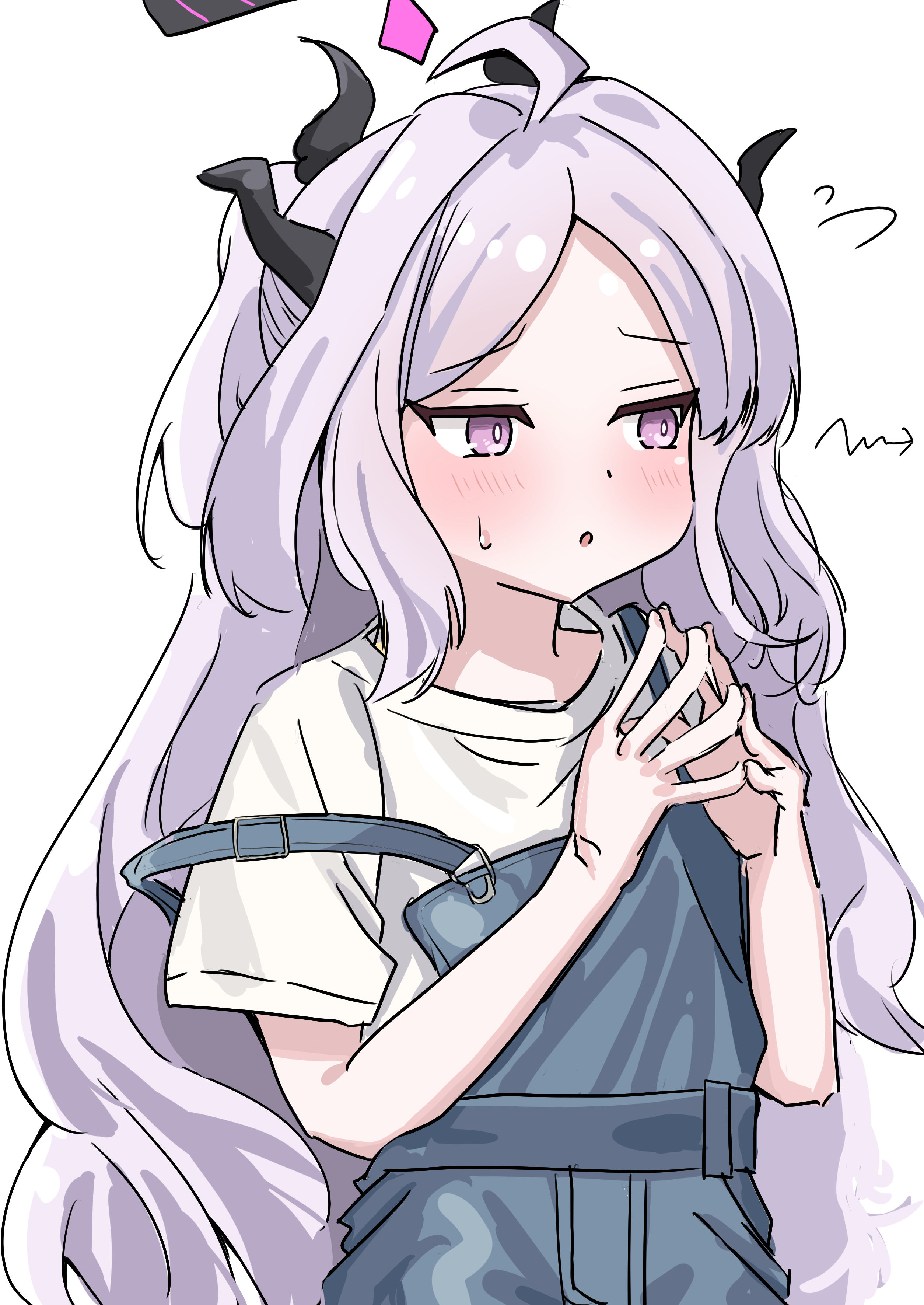 hina (blue archive), blue archive, absurdres, highres, 1girl, ahoge, black halo, blush, demon girl, demon horns, flat chest, halo, horns, long hair, mazemaze 0, overalls, purple hair, shirt, simple background, solo, upper body, very long hair, white background, white hair, white shirt