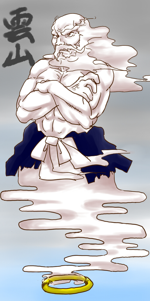 seme & mayo, unzan, touhou, 1boy, beard, cloud, facial hair, gradient background, jewelry, male focus, muscular, ring, solo