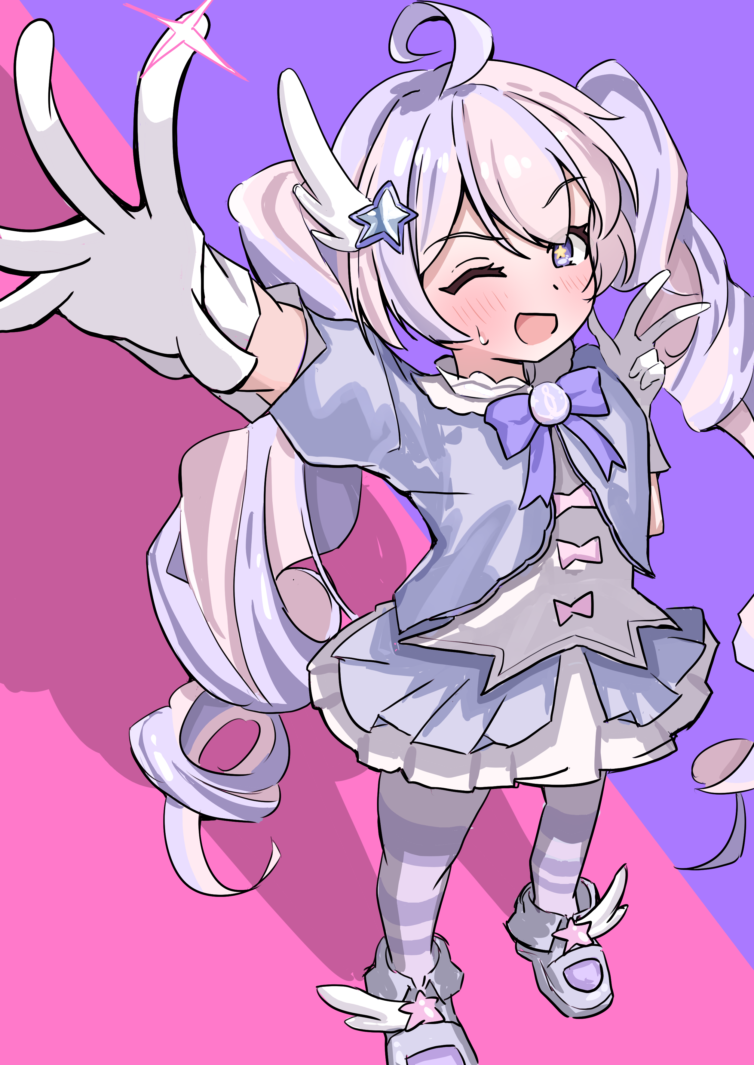 reisa (blue archive), reisa (magical) (blue archive), blue archive, absurdres, highres, 1girl, blush, dress, looking at viewer, magical girl, mazemaze 0, open mouth, purple eyes, purple hair, solo, standing, twintails, v, white dress