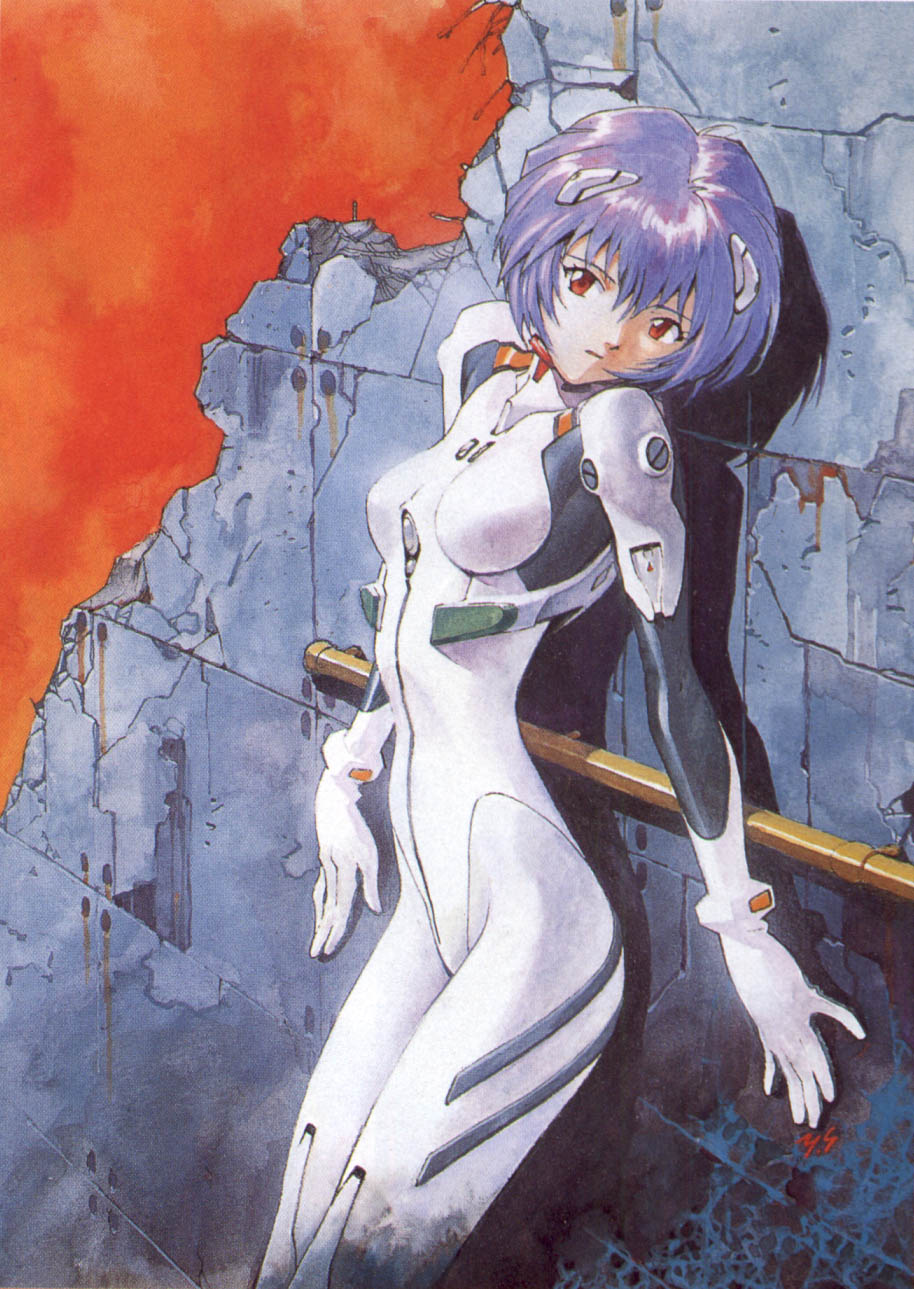 sadamoto yoshiyuki, ayanami rei, neon genesis evangelion, cleaned, highres, tagme, blue hair, bracer, cowboy shot, from side, hair between eyes, head tilt, interface headset (evangelion), legs together, mecha pilot suit, outdoors, plugsuit (evangelion), rebar, red eyes, retro artstyle, solo, standing