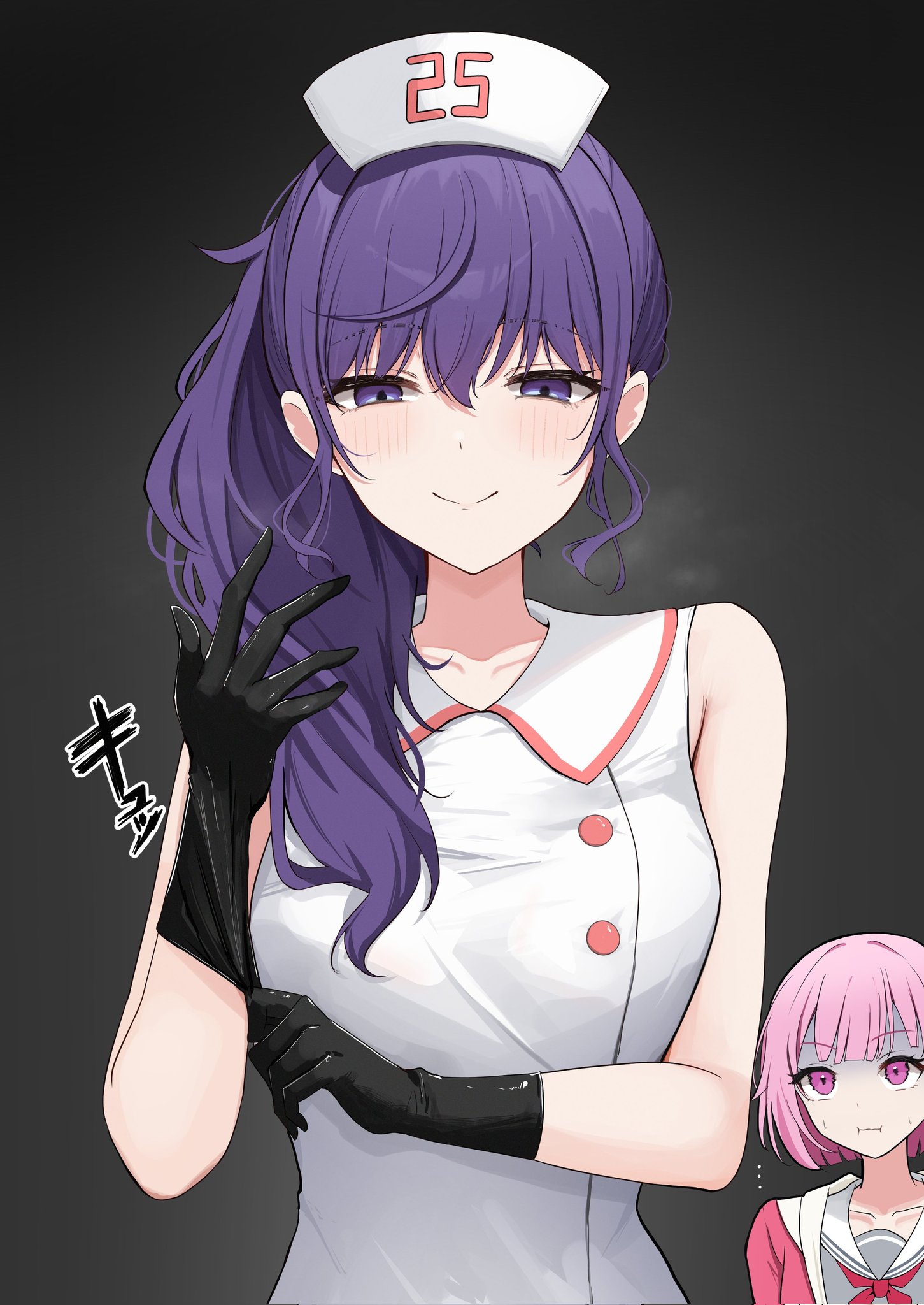 kunizaki, asahina mafuyu, ootori emu, project sekai, commentary, highres, translation request, 2girls, :i, bare arms, bare shoulders, black gloves, blunt bangs, blush, bob cut, breasts, buttons, closed mouth, collarbone, collared dress, dot nose, dress, gloves, grey shirt, hair between eyes, hair over shoulder, half-closed eyes, hand up, hat, hood, hood down, hooded jacket, jacket, large breasts, long hair, looking at another, looking at viewer, miyamasuzaka girls' academy school uniform, multiple girls, neckerchief, number print, nurse cap, open clothes, open jacket, pink eyes, pink hair, pink jacket, ponytail, purple eyes, purple hair, red neckerchief, rubber gloves, sailor collar, scared, school uniform, shirt, short hair, sidelocks, simple background, sleeveless, sleeveless dress, smile, sweat, turn pale, upper body, white dress, white sailor collar