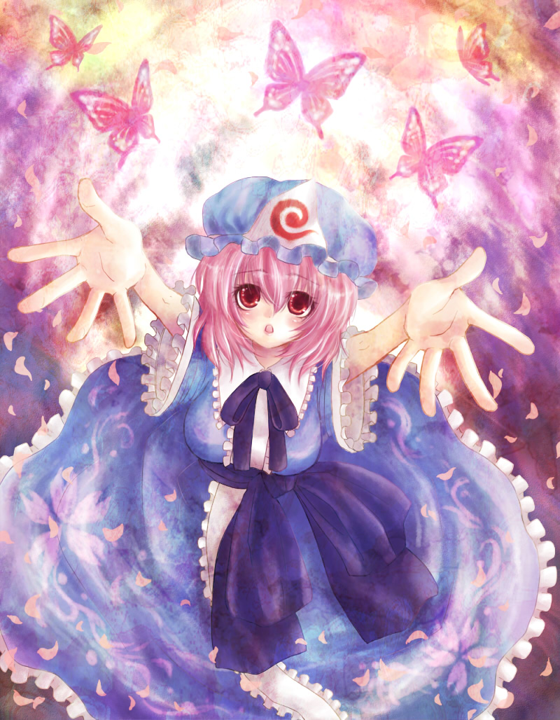 kaminari on maru, saigyouji yuyuko, touhou, 1girl, bug, butterfly, female focus, hat, insect, outstretched arms, outstretched hand, pink hair, reaching, reaching towards viewer, red eyes, short hair, solo