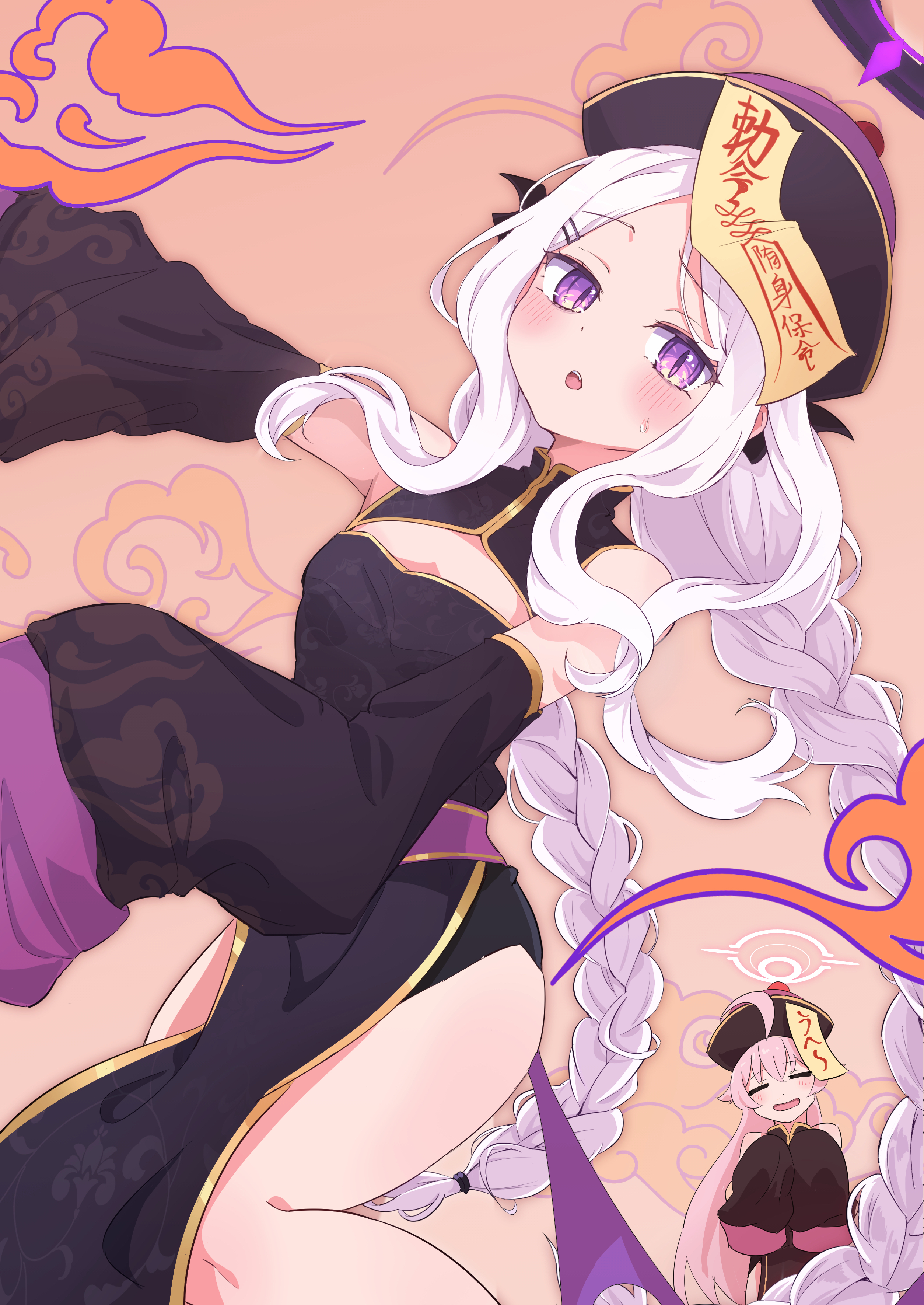 not seven777, hina (blue archive), hoshino (blue archive), blue archive, absurdres, highres, 2girls, ahoge, black halo, black hat, breasts, demon girl, demon horns, demon wings, halo, hat, horns, jiangshi, long hair, looking at viewer, low wings, multiple girls, pink hair, pink halo, purple eyes, small breasts, standing, very long hair, white hair, wings