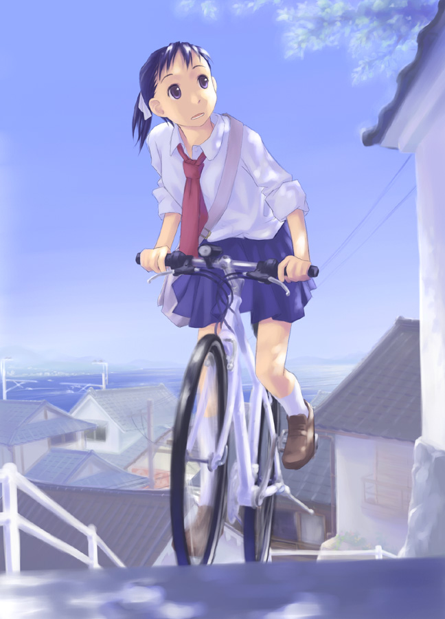 t heru, original, 1girl, bicycle, black hair, blouse, brown shoes, collared shirt, day, female focus, full body, grey eyes, miniskirt, necktie, ponytail, red necktie, school uniform, serafuku, shirt, shoes, skirt, sleeves rolled up, slice of life, socks, solo, white shirt, white socks