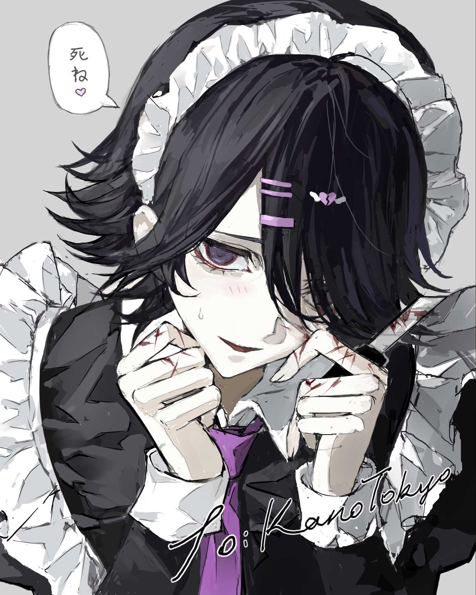 original, highres, 1boy, alternate costume, black dress, black hair, blood, blood on face, blush, boxcutter, crossdressing, dress, enmaided, grey background, hair ornament, hairclip, hands up, heart, holding, holding boxcutter, konosekaino920, long sleeves, maid, maid headdress, male focus, necktie, purple necktie, self-harm, smile, solo, speech bubble, sweatdrop