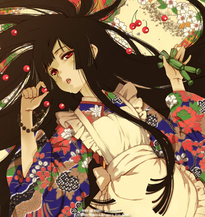 enma ai, jigoku shoujo, lowres, 00s, 1girl, apron, black hair, blunt bangs, bracelet, cherry, drunk, female focus, floral print, food, frilled apron, frills, fruit, hime cut, japanese clothes, jewelry, kimono, long hair, red eyes, solo, straw doll