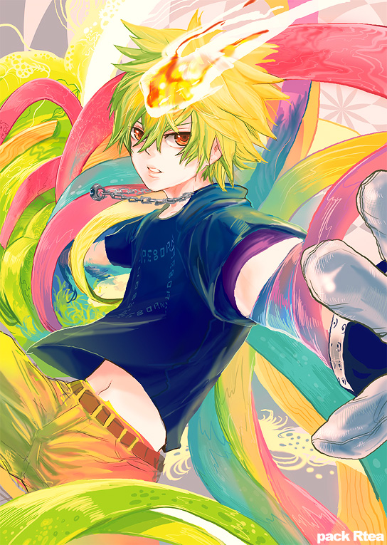 maguchimo, sawada tsunayoshi, katekyo hitman reborn!, bad id, bad pixiv id, 00s, 1boy, belt, blonde hair, cowboy shot, looking at viewer, male focus, midriff, navel, pants, shirt, solo, spiked hair, stomach, t-shirt