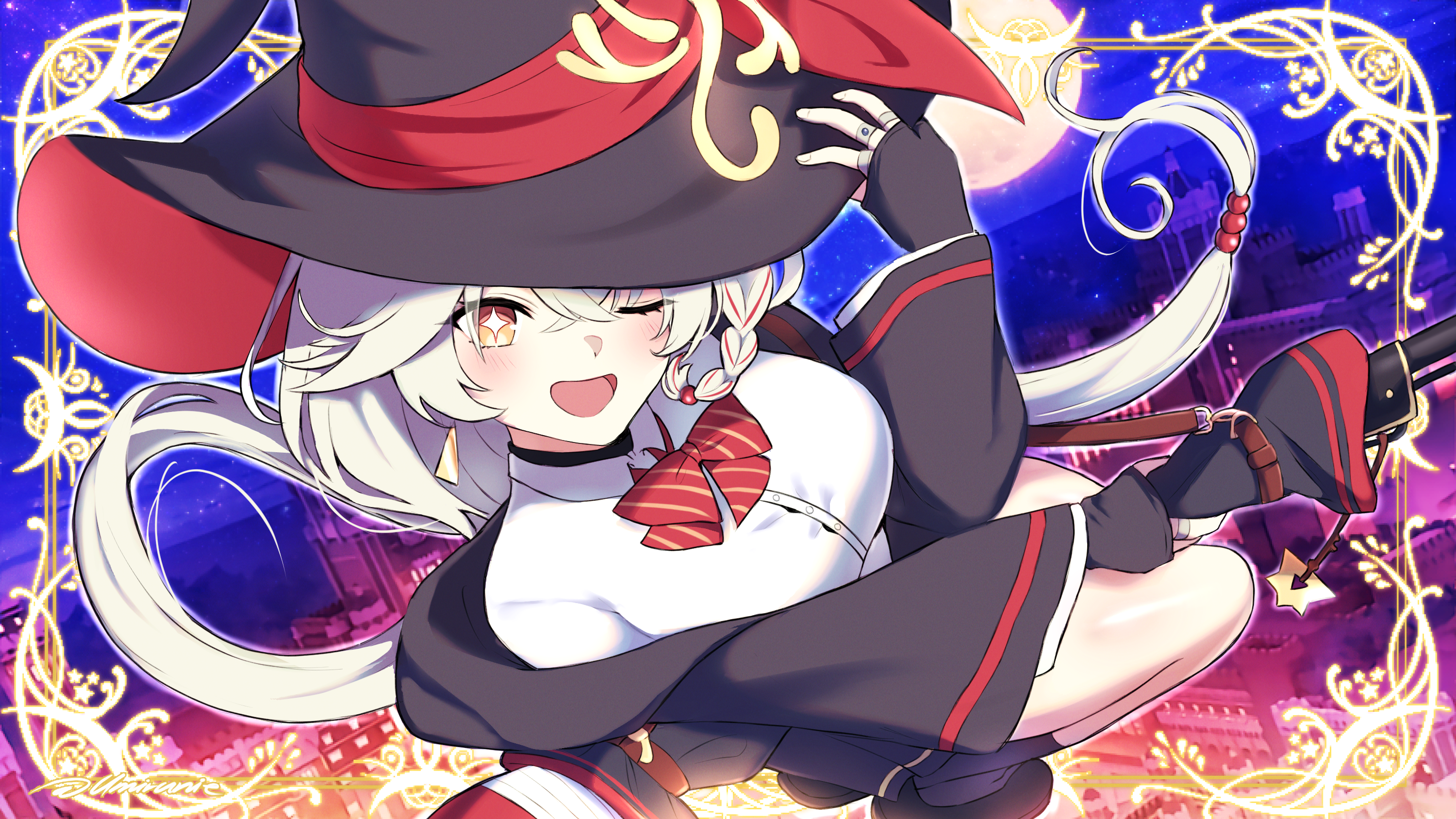 umirunie, eri (blue archive), blue archive, highres, 1girl, black hat, black jacket, black skirt, blush, bow, bowtie, braid, breasts, collared shirt, earrings, halo, hat, jacket, jewelry, large breasts, long hair, long sleeves, looking at viewer, one eye closed, open mouth, orange eyes, pleated skirt, shirt, skirt, smile, solo, thighs, white hair, white shirt, witch hat