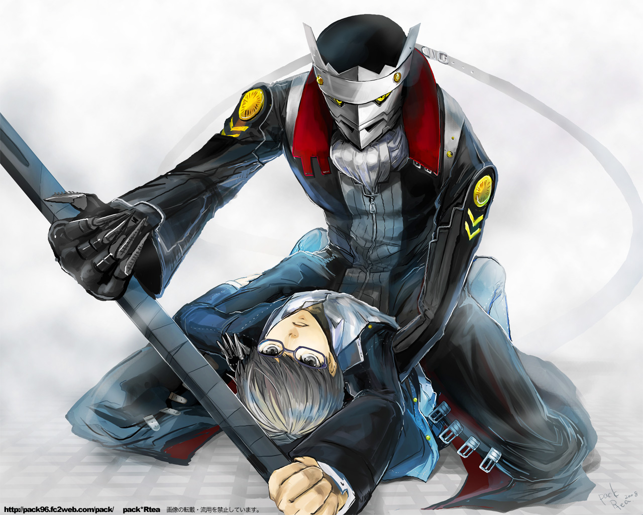 maguchimo, izanagi (persona 4), narukami yu, atlus, persona, persona 4, bad id, bad pixiv id, 2boys, glasses, male focus, multiple boys