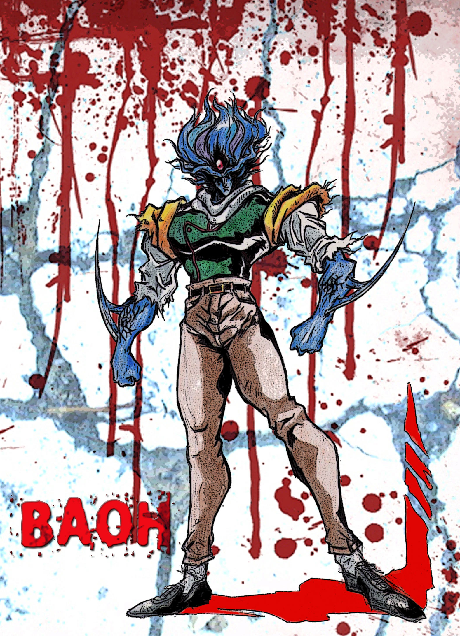 hashizawa ikurou, baoh raihousha, blade, mutant, 1980s (style), highres, traditional media, blood, blue hair, male focus, manly, retro artstyle