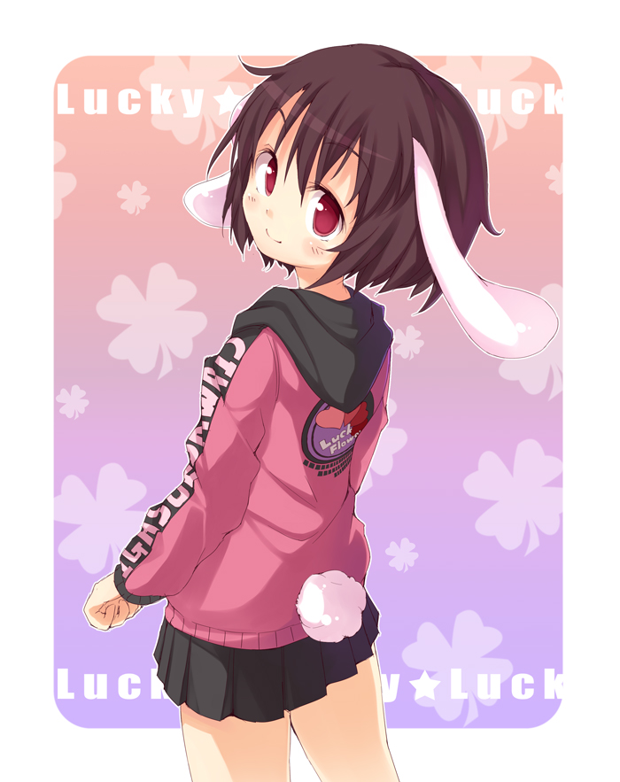amaa (chou dennou jidai), inaba tewi, touhou, 1girl, alternate costume, animal ears, black hair, casual, contemporary, female focus, jacket, looking back, rabbit ears, rabbit girl, rabbit tail, red eyes, short hair, skirt, solo, tail