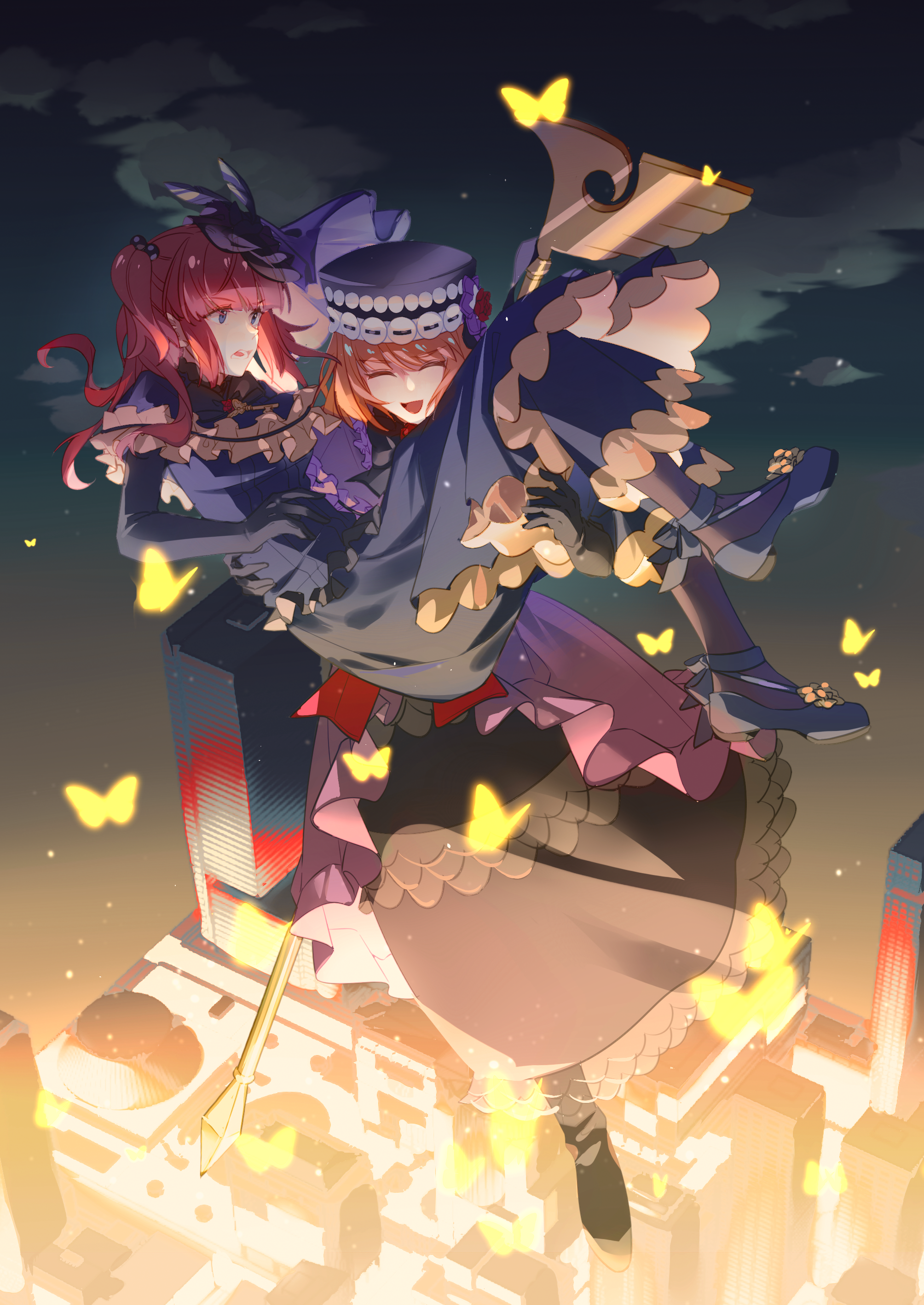 eva beatrice, ushiromiya ange, umineko no naku koro ni, absurdres, highres, 1479001934, 2girls, ange beatrice, beads, black gloves, black hat, black pantyhose, blue dress, blue eyes, blunt bangs, bob cut, bug, butterfly, capelet, carrying, city, closed eyes, dress, elbow gloves, floating clothes, floating hair, flower, frilled capelet, frilled dress, frills, full body, gloves, glowing, hair beads, hair ornament, hat, hat flower, holding, holding staff, insect, looking at another, multiple girls, night, night sky, orange hair, pantyhose, princess carry, purple dress, red flower, red hair, red rose, ribbon-trimmed capelet, ribbon trim, rose, sky, staff, twintails, underlighting, yellow butterfly, yellow flower, yellow rose