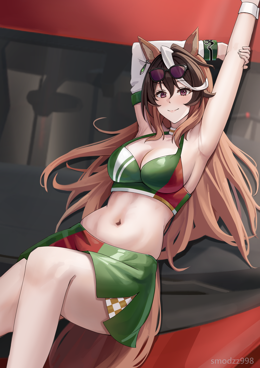 smodzz998, symboli rudolf (umamusume), umamusume, commentary, highres, 1girl, alternate costume, animal ears, armpits, arms up, artist name, bare shoulders, blush, breasts, brown hair, car, cleavage, closed mouth, collarbone, crop top, detached sleeves, ear ornament, earrings, eyewear on head, green shirt, green skirt, groin, hair between eyes, horse ears, horse girl, horse tail, jewelry, large breasts, long hair, looking at viewer, lying, midriff, motor vehicle, multicolored hair, navel, on back, on car, purple eyes, race queen, shirt, sidelocks, single detached sleeve, single earring, skirt, sleeveless, sleeveless shirt, smile, solo, streaked hair, sunglasses, swept bangs, tail, white hair, white sleeves, wristband