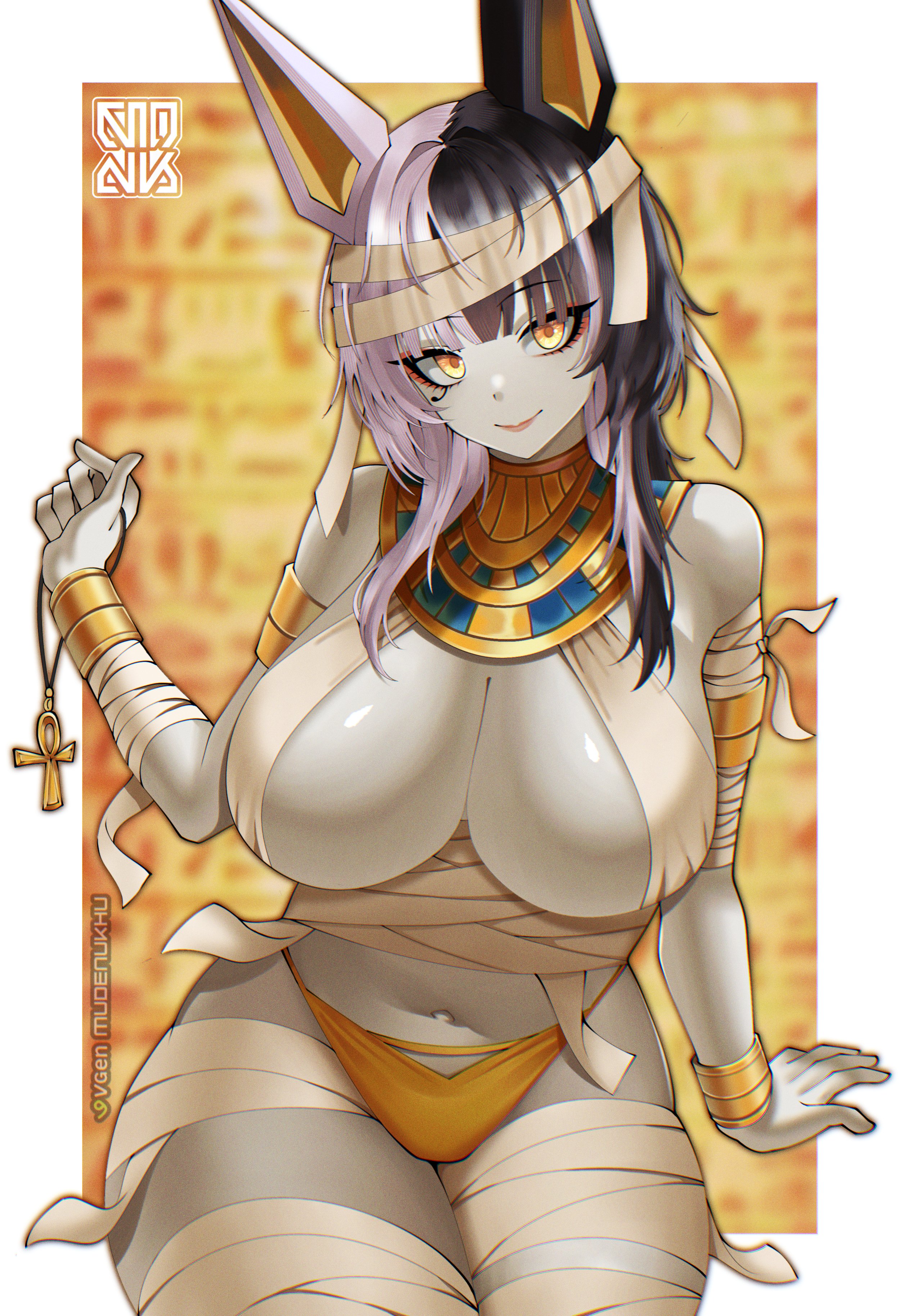 muhammaddeny, shiori novella, hololive, hololive english, absurdres, commentary, highres, 1girl, alternate costume, ancient egyptian clothes, animal ears, ankh, bandaged arm, bandaged head, bandaged leg, bandaged stomach, bandages, bikini, black hair, blunt bangs, blurry, blurry background, border, bracelet, breasts, cleavage, closed mouth, colored skin, gold armband, gold bracelet, grey hair, holding, holding jewelry, holding necklace, jewelry, kemonomimi mode, large breasts, lips, long sidelocks, looking at viewer, medium hair, multicolored hair, mummy costume, navel, necklace, outside border, pale skin, sidelocks, signature, sitting, sling bikini top, solo, split-color hair, swimsuit, usekh collar, vgen username, virtual youtuber, white border, yellow bikini, yellow eyes