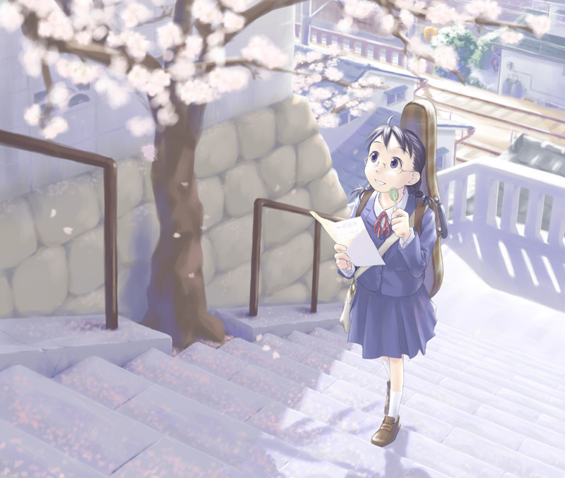 t heru, original, black hair, blue hair, candy, cherry blossoms, food, glasses, grey eyes, instrument case, lollipop, school uniform, serafuku, solo