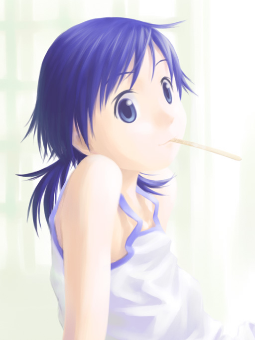 t heru, original, blue eyes, blue hair, flat chest, popsicle stick, smile, solo