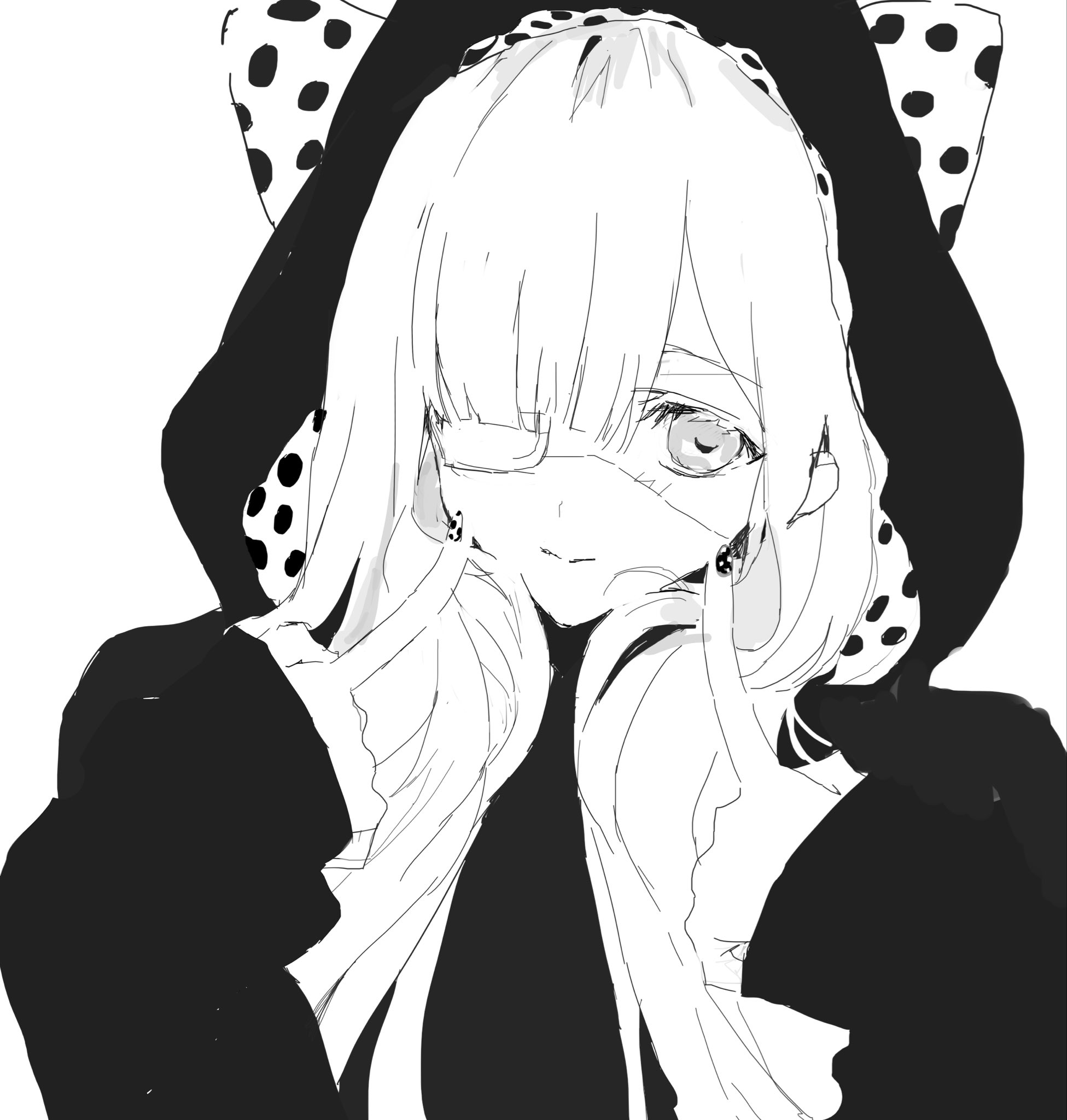 original, highres, 1girl, bow, closed mouth, eyepatch, greyscale, hood, hood up, hoodie, konosekaino920, long hair, looking at viewer, medical eyepatch, monochrome, nail polish, polka dot, simple background, solo, swept bangs, upper body