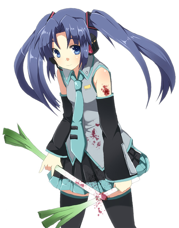 inui nagi, asakura ryoko, hatsune miku, suzumiya haruhi no yuuutsu, vocaloid, blood, blue eyes, blue hair, cosplay, detached sleeves, hatsune miku (cosplay), headset, long hair, necktie, parody, skirt, spring onion, thighhighs, twintails, zettai ryouiki