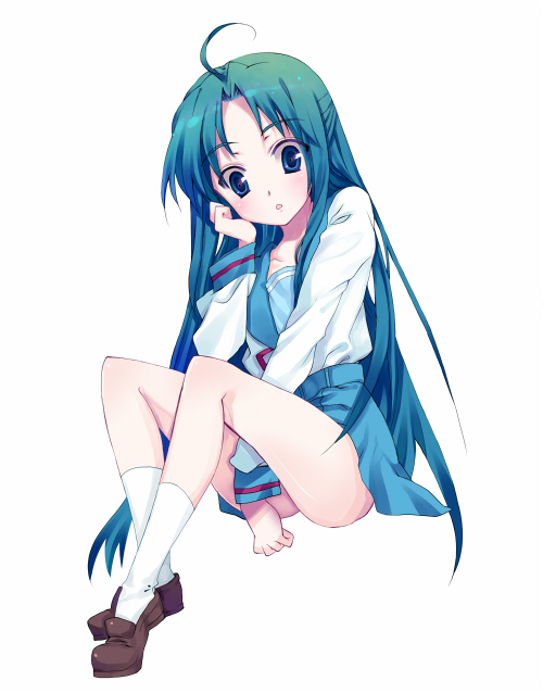 kodamasawa izumi, asakura ryoko, suzumiya haruhi no yuuutsu, bad id, bad pixiv id, 00s, ahoge, blue eyes, blue hair, legs, long hair, school uniform, serafuku, simple background, socks, solo
