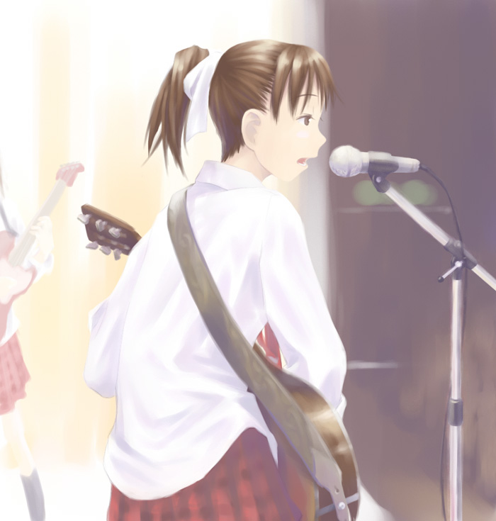 t heru, original, 1girl, acoustic guitar, brown eyes, brown hair, guitar, instrument, microphone, microphone stand, music, singing, solo focus