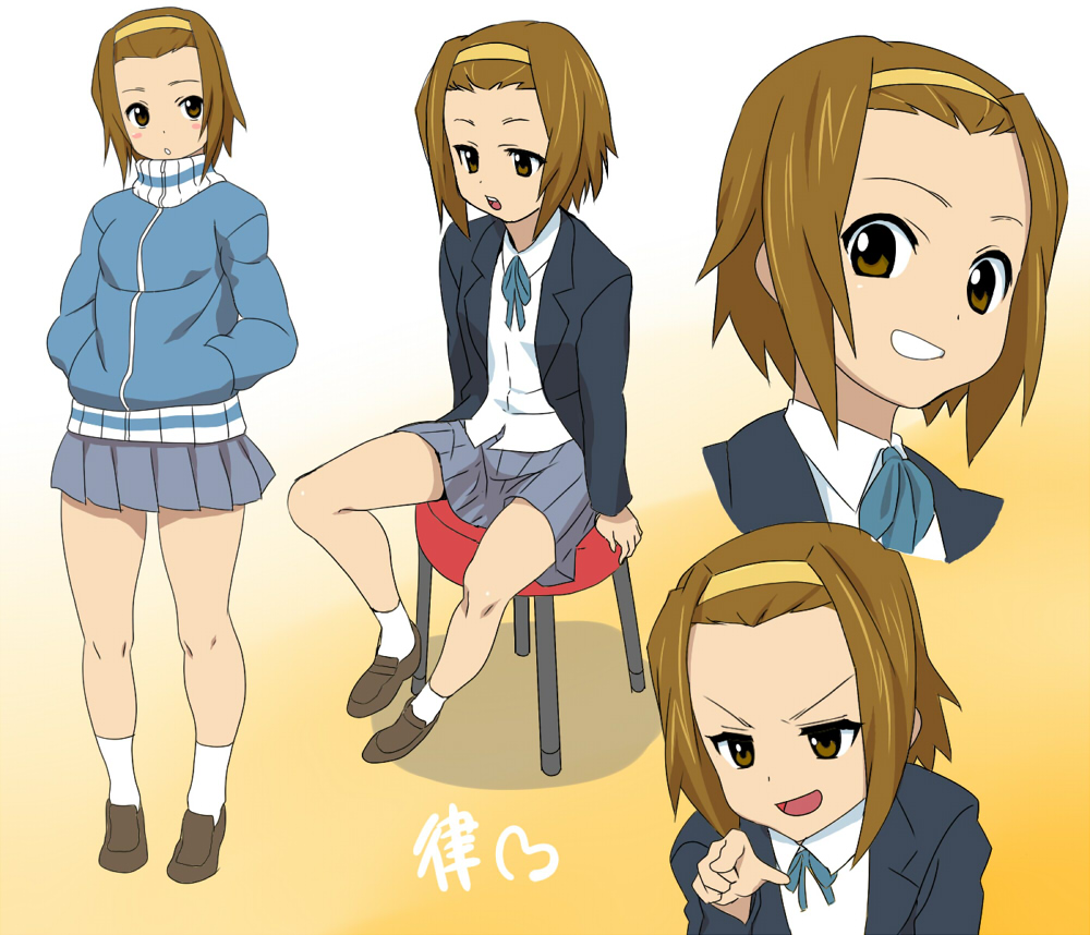 g-tetsu, tainaka ritsu, k-on!, 00s, 1girl, brown eyes, brown hair, female focus, gradient background, hairband, hands in pockets, jacket, school uniform, short hair, sitting, smile, solo, tomboy, track jacket