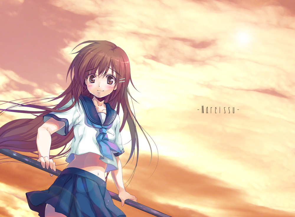 kodamasawa izumi, sakura setsumi, setsumi sakura, narcissu, bad id, bad pixiv id, 1girl, brown eyes, brown hair, female focus, hair ornament, hairclip, long hair, midriff, railing, school uniform, solo, tears, wind