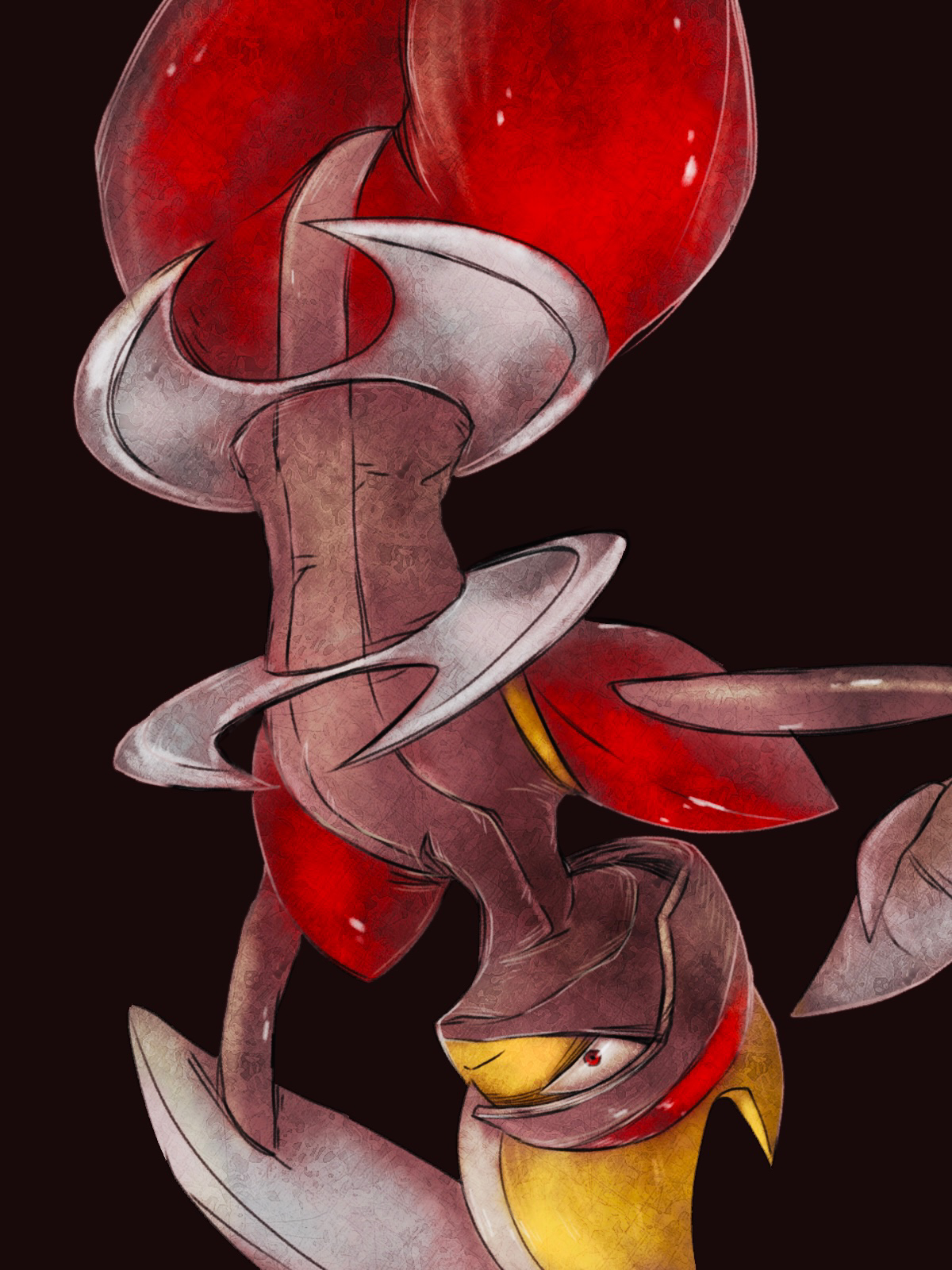 umi-be-to, bisharp, nintendo, pokemon, highres, 1other, arm blade, battle damage, black background, gen 5 pokemon, grey helmet, grey trim, helmet, outstretched arms, pokemon (creature), pokemon focus, red eyes, red helmet, scar, shoulder pads, solo, two-tone helmet, upside-down, weapon