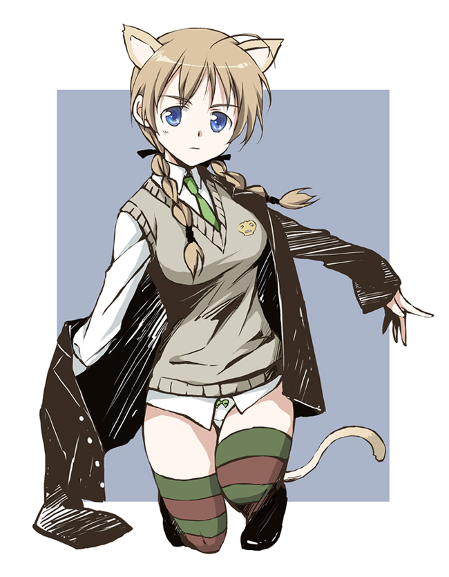 agahari, lynette bishop, strike witches, world witches series, uniform, 00s, 1girl, animal ears, blue eyes, bow, bow panties, braid, breasts, brown hair, cat ears, cat tail, female focus, hair over shoulder, jacket, large breasts, panties, solo, striped clothes, striped thighhighs, tail, thighhighs, twin braids, twintails, underwear