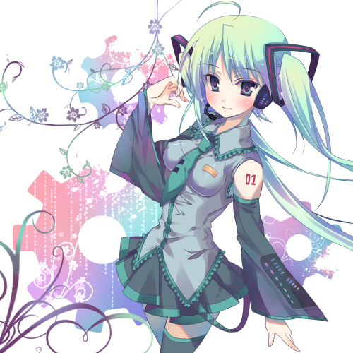 kodamasawa izumi, hatsune miku, vocaloid, bad id, bad pixiv id, lowres, 1girl, ahoge, aqua eyes, aqua hair, blush, breasts, covered erect nipples, detached sleeves, female focus, headset, long hair, necktie, small breasts, solo, thighhighs, twintails, very long hair, zettai ryouiki