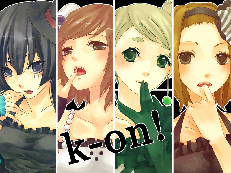 tonoshiro, akiyama mio, hirasawa yui, kotobuki tsumugi, tainaka ritsu, don't say "lazy", k-on!, bad id, bad pixiv id, 00s, 4girls, black hair, blonde hair, blue eyes, brown eyes, brown hair, green eyes, hairband, hat, ho-kago tea time, multiple girls