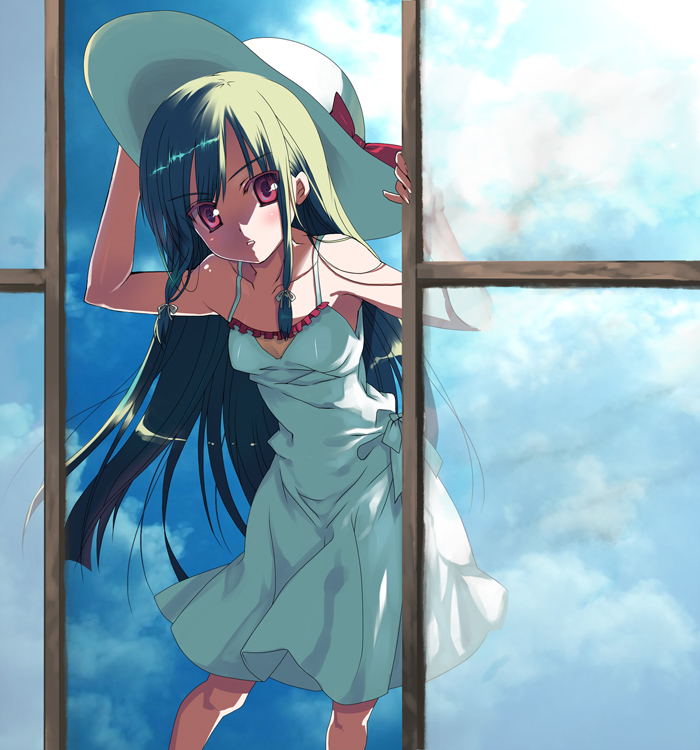 kodamasawa izumi, original, bad id, bad pixiv id, blush, dress, green hair, hat, long hair, red eyes, solo, summer, very long hair