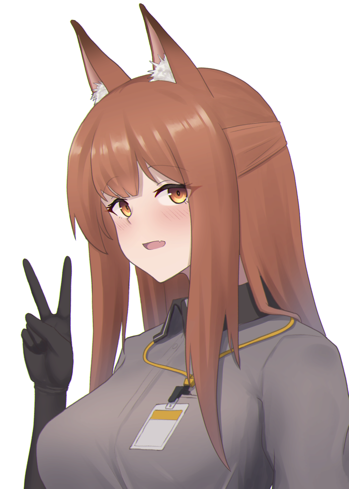 bakkasu150, franka (arknights), arknights, commentary request, highres, partial commentary, 1girl, :d, animal ear fluff, animal ears, black gloves, blush, breasts, brown hair, chromatic aberration, collared shirt, elbow gloves, fang, fox ears, fox girl, gloves, grey shirt, lanyard, long hair, looking at viewer, open mouth, shirt, sidelocks, simple background, skin fang, smile, solo, upper body, v, white background, yellow eyes