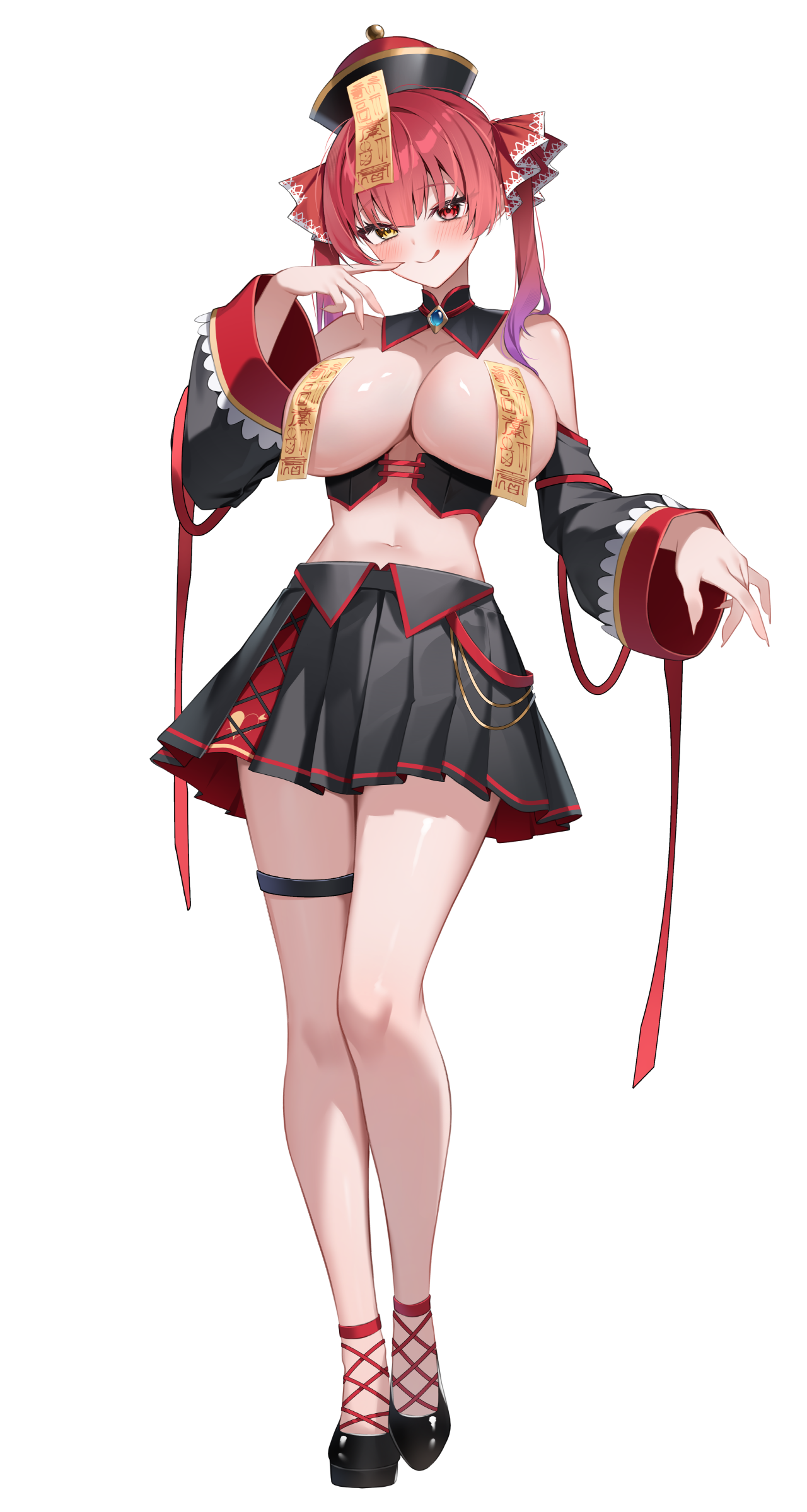 shuvi (shuvi1125), houshou marine, hololive, absurdres, highres, 1girl, alternate costume, black shoes, black skirt, blunt bangs, breasts, brooch, cleavage, collarbone, corset, detached collar, detached sleeves, fishnet socks, fishnets, full body, halloween costume, hat, heterochromia, jewelry, jiangshi costume, large breasts, legs, licking lips, long sleeves, looking at viewer, medium hair, miniskirt, navel, ofuda, ofuda on head, ofuda on nipples, overskirt, pasties, pleated skirt, qingdai guanmao, red hair, red ribbon, revealing clothes, ribbon, shoes, simple background, skirt, socks, solo, standing, stomach, thigh strap, tongue, tongue out, virtual youtuber, white background, wide sleeves