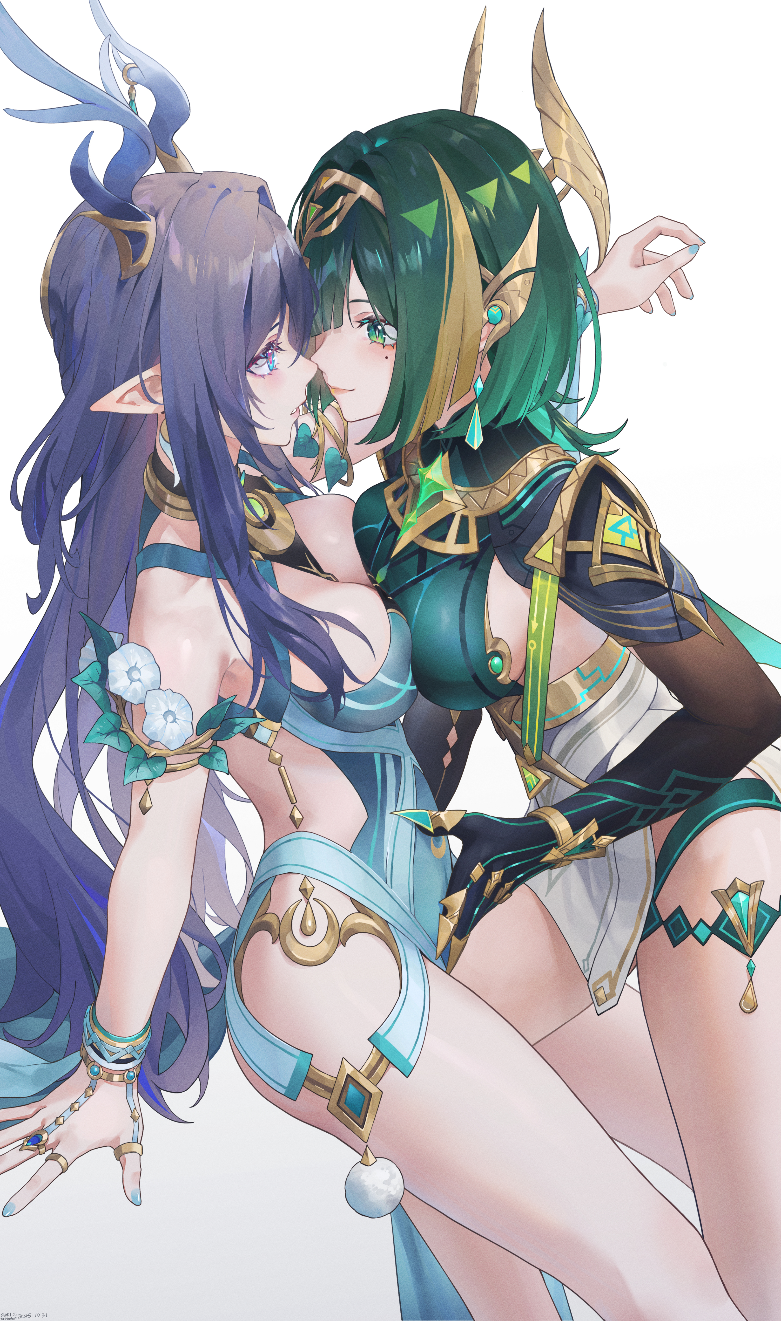 swkl:d, lauma (genshin impact), nefer (genshin impact), genshin impact, absurdres, commentary, highres, symbol-only commentary, 2girls, antlers, aqua dress, black gloves, blue eyes, breast press, breasts, claws, deer antlers, dress, face-to-face, gloves, green eyes, green hair, green shirt, horns, large breasts, leg between thighs, mole, mole under eye, multiple girls, pelvic curtain, pointy ears, purple hair, shirt, sideless dress, simple background, symbol-shaped pupils, symmetrical docking, thighs, triangle-shaped pupils, white background, yuri