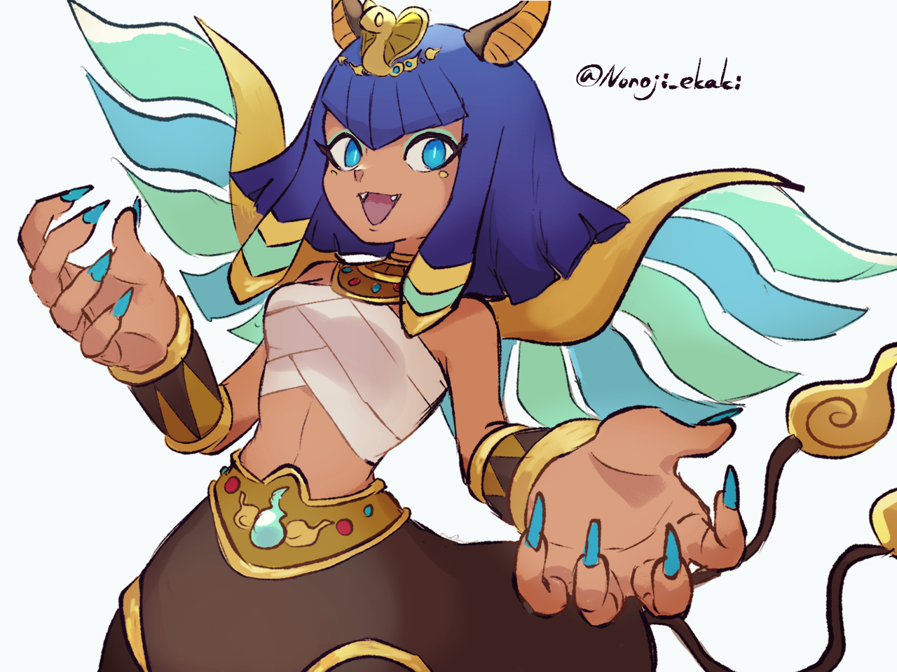nonoji (nonoji ekaki), kurekurepatra, youkai watch, 1girl, ancient egyptian, animal ears, artist name, bare shoulders, blue eyes, breasts, cat ears, centauroid, chest sarashi, claws, dark-skinned female, dark skin, fang, fingernails, looking at viewer, monster girl, multiple tails, navel, open mouth, sarashi, simple background, small breasts, solo, sphinx, tail, taur, two tails, white background, wings, youkai (youkai watch)