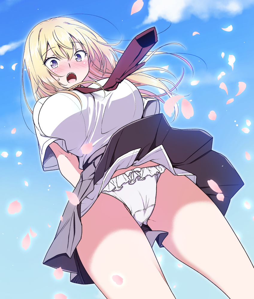 mori marimo, original, commentary request, 1girl, blonde hair, blue eyes, blue sky, blush, bow, bow panties, breasts, clothes lift, cowboy shot, crotch seam, day, double-parted bangs, falling petals, floating hair, frilled panties, frills, from below, grey skirt, huge breasts, long hair, looking at viewer, looking down, miniskirt, necktie, nose blush, open mouth, outdoors, panties, pantyshot, petals, pleated skirt, red necktie, school uniform, shirt, shirt tucked in, short sleeves, skirt, skirt lift, sky, solo, standing, summer uniform, surprised, sweat, underwear, upskirt, white panties, white shirt, wind, wind lift