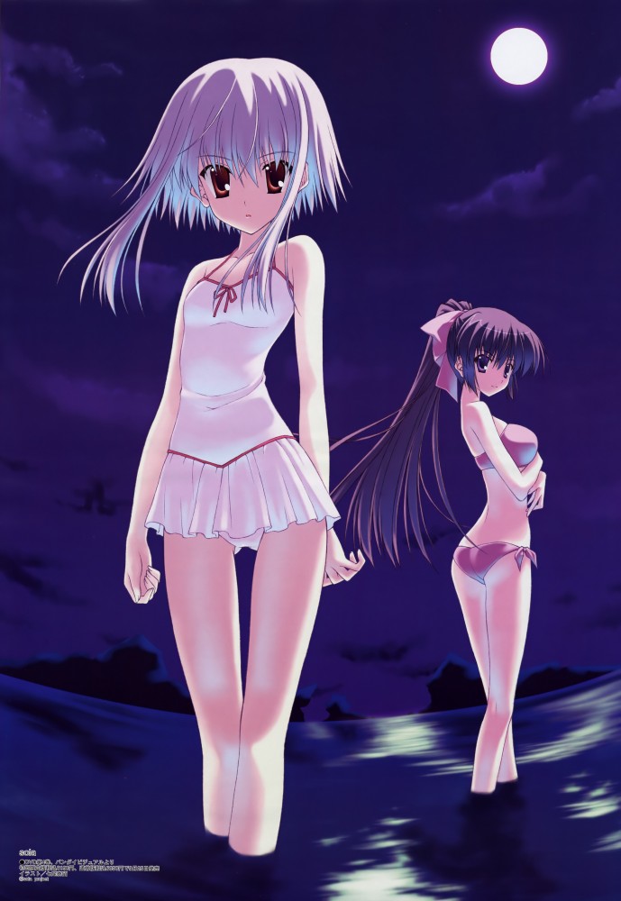 bikini, blue hair, cloud, moon, red eyes, swimsuit, water, white hair