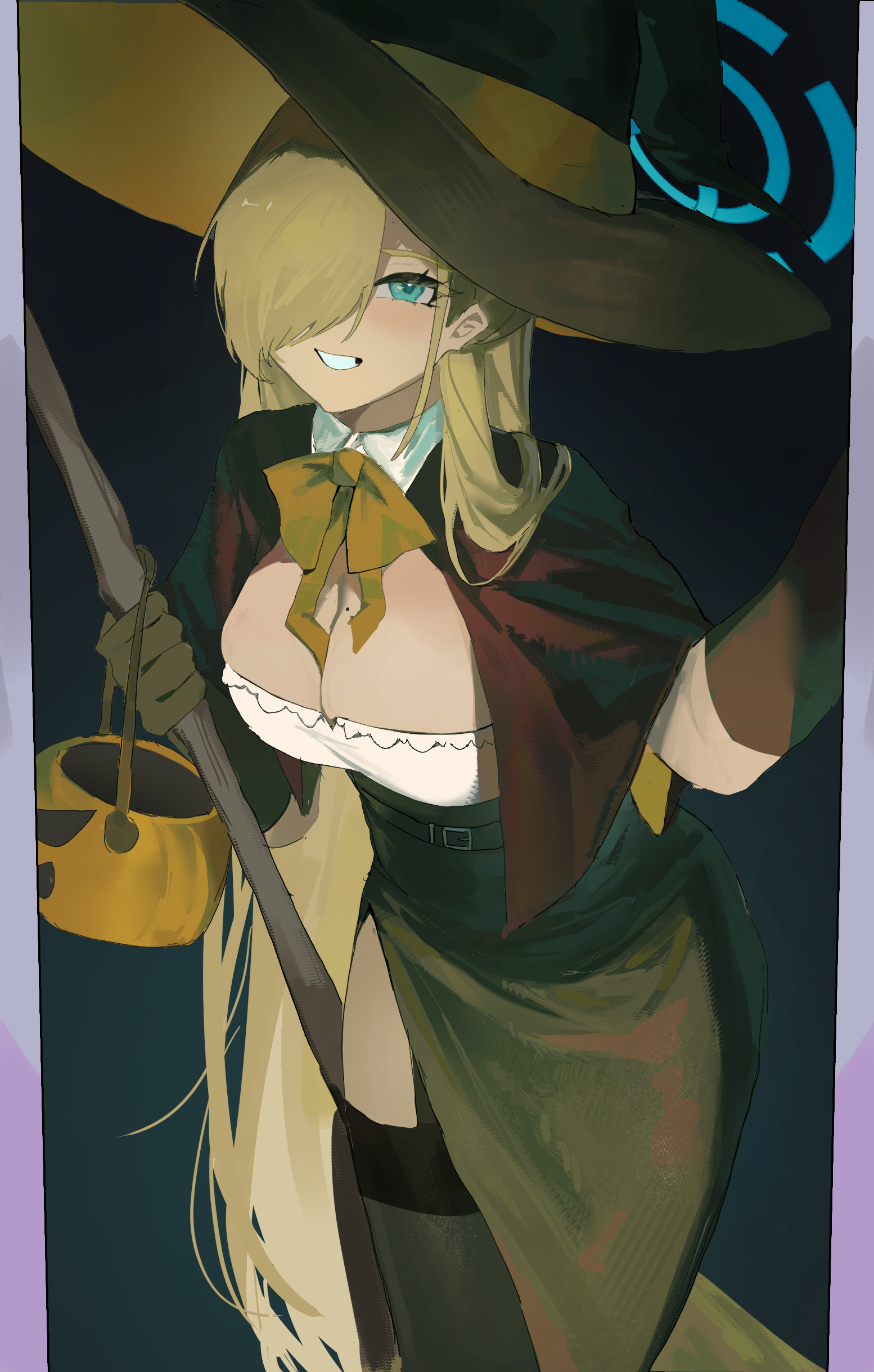 05ghxsu, asuna (blue archive), blue archive, absurdres, highres, 1girl, blonde hair, blue bow, blue eyes, blue halo, blue ribbon, blush, bow, bowtie, breasts, cleavage, gloves, hair over one eye, halo, large breasts, long hair, looking at viewer, mole, mole on breast, ribbon, smile, solo, traditional bowtie, very long hair